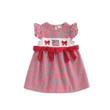 (5-6 Years, Red) Vestido para niñas pequeñas, 4 de julio, letras/bandera bordadas, lazo/cuadros, vestido casual de manga corta, verano.