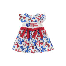 (4-5 Years, Beige) Vestido para niñas pequeñas, 4 de julio, letras/bandera bordadas, lazo/cuadros, vestido casual de manga corta, verano.