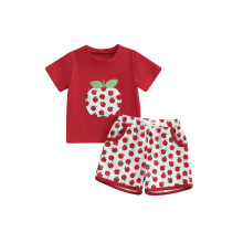 (18-24 Months, Red) Completo estivo da bambina 2 pezzi: top a maniche corte con scollo rotondo e ricami, pantaloncini con stampa di mele.