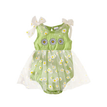 (3-6 Months, Green) Tutina estiva senza maniche per bambina, scollo rotondo, con stampa margherite e inserti in tulle.