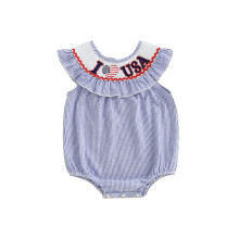(6-12 Months, Blue) Tutina estiva patriottica per bambina con ricamo, maniche a volant e righe, ideale per neonati.