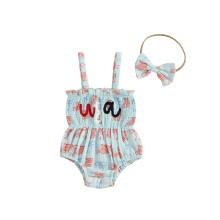 (12-18 Months, Blue) Completo per neonate per il 4 luglio: tutina senza maniche con volant e fascia per capelli. Abbigliamento per neonate