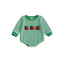 (6-12 Months, Green) Tutina natalizia a righe per neonati con ricamo di auto, girocollo e maniche lunghe, graziosa maglia a nido d'ape.