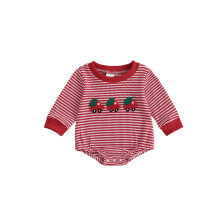 (12-18 Months, Red) Tutina natalizia a righe per neonati con ricamo di auto, girocollo e maniche lunghe, graziosa maglia a nido d'ape.