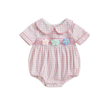 (9-12 Months, Purple) Tutina estiva a quadri per bambina, colletto a bambola, maniche corte, ricamo floreale, dolce tutina