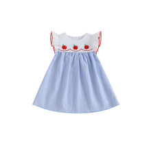 (5-6 Years, Blue) Vestido informal de regreso a clases para niñas pequeñas con estampado de manzanas y mangas cortas. Ropa adorable.