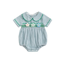 (6-9 Months, Green) Tutina estiva a quadri per bambina, colletto a bambola, maniche corte, ricamo floreale, dolce tutina