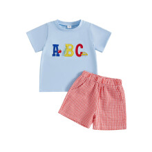 (3 Years, Blue) Conjunto de verano para niño: camiseta corta con cuello redondo y pantalones cortos a cuadros (2 piezas).