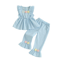 (2-3 Years, Sky Blue) Conjunto de verão infantil para menina, 2 peças: blusa regata sem mangas com babados e estampa de flores 3D + calça.