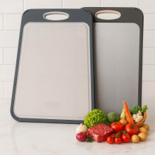 Large DualSided Stainless Steel and Wheat Straw Cutting Board 16x11in with Juice Groove, NonSlip