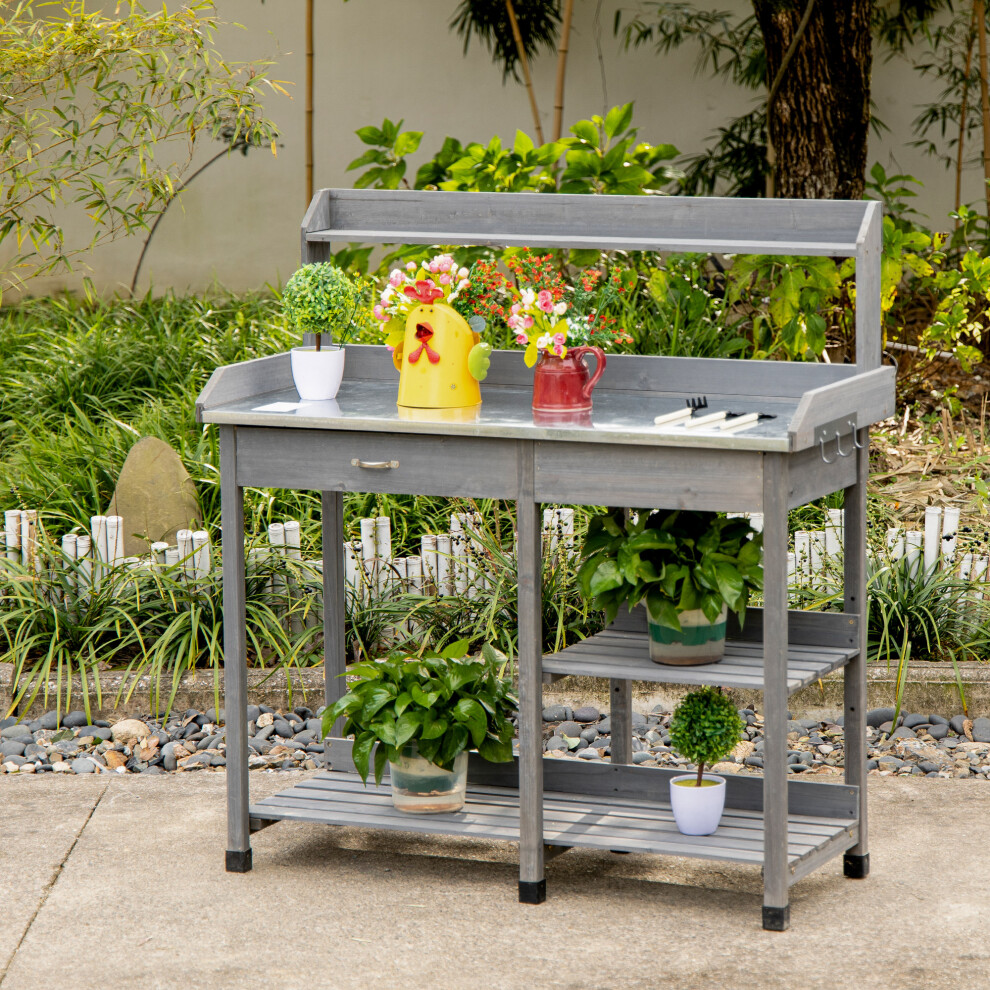 Outsunny Garden Potting Table Workstation W/ Metal Tabletop, Drawer, Shelves