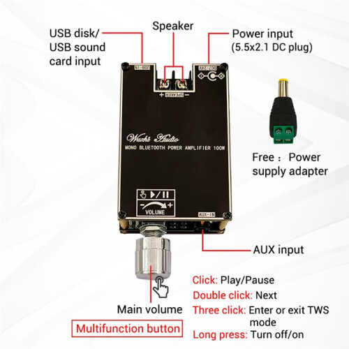 ZK-1001B 100W Mono BT Audio Power Amplifier Module TWS True Wireless 2