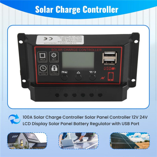 100A Solar Charge Controller Solar Panel Controller 12V 24V LCD Display Solar Panel Battery Regulator with USB Port 2