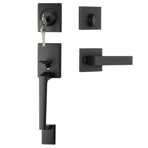 Matte Black Front Door Handle with Deadbolt, Modern Entry Lock Set, Secure Keyed Reversible Lever