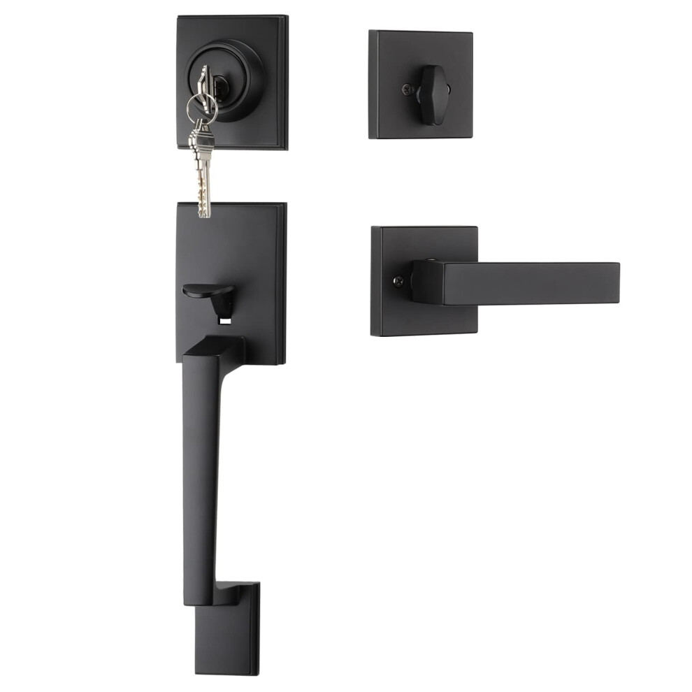 Matte Black Front Door Handle With Deadbolt, Modern Entry Lock Set, Secure Keyed Reversible Lever 9169991238517