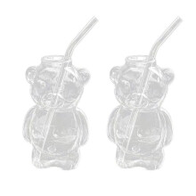 2-Teiliges Bärenbecher-Online-Becherset für Promi-Restaurants, Kaffeetasse, Süßer Cartoon-Glas-Wasserbecher mit Strohhalm, Familienset