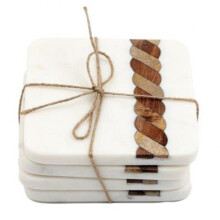 Marble Coaster Set White Square Wooden Twist Design Pads Drinks Cup Mug Mats 4pc
