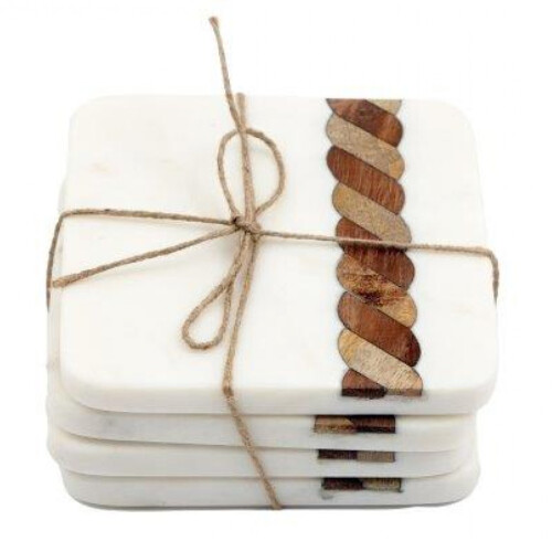 Marble Coaster Set White Square Wooden Twist Design Pads Drinks Cup Mug Mats 4pc