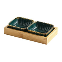Ceramic Sauce Dish Set with Wooden Tray, Snack Serving Bowl for Desserts, Candy, Fruit, Tea