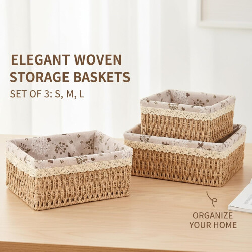 Wicker Storage Baskets Set with Liner, Handwoven MultiSize Metal Frame for Home Organization (3 PCS) 2