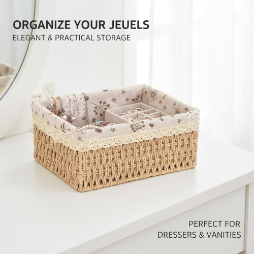Wicker Storage Baskets Set with Liner, Handwoven MultiSize Metal Frame for Home Organization (3 PCS) 1
