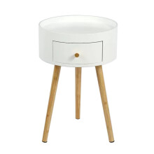 Wooden Bedside Table with Spacious Double Drawer Storage, Small Round Nightstand for Bedroom and Living Room