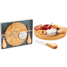 Round Bamboo Cheese Board Set with Utensils, 5.9 Inch Platter with Juice Groove, Gift Packaging