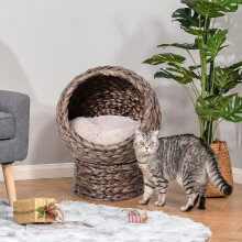 PawHut Wicker Cat House, Raised Cat Bed with Cushion, 42 x 33 x 52cm, Dark Brown