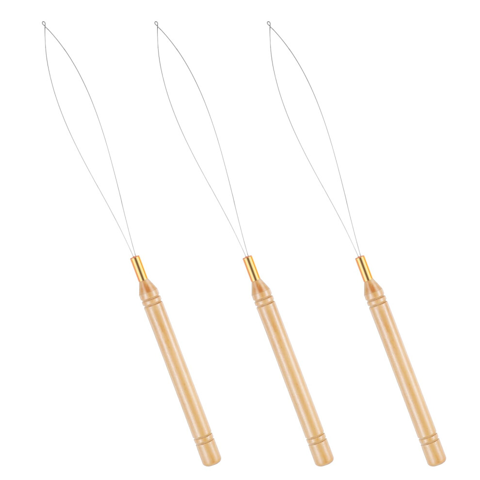 Unisex 3Pcs Hair Beader Tool Set With Wooden Handle, Hair Extension Loop Needle For Easy Micro Ring Threading