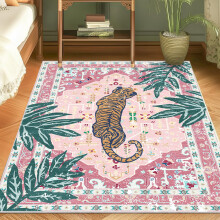 Boho Area Rug Pink Tiger Print 4x6 Washable NonSlip Soft LowPile Jungle Animal Pattern for Bedroom