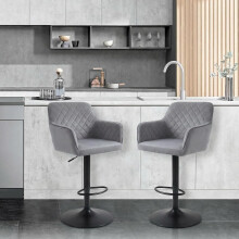 Alivio Modern Velvet Bar Stools with Adjustable Height, 360° Swivel & Quilted Backrest (Set of 2, Grey)