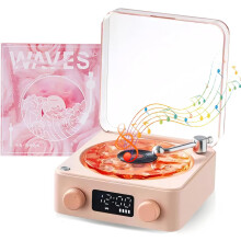 Bluetooth Retro Record Player Speaker with Clock, Night Light and Rich Bass for Bedroom, Pink