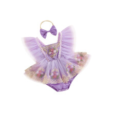 (12-18 Months, Purple) Outfit pro novorozenou dívku, tylové šaty s výšivkou, květinovým vzorem a mašlí, letní oblečení