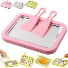Rolled Ice Cream Maker Kit with Instant Freeze Plate and 2 Spades, Stainless Steel Pink Tray for DIY Desserts