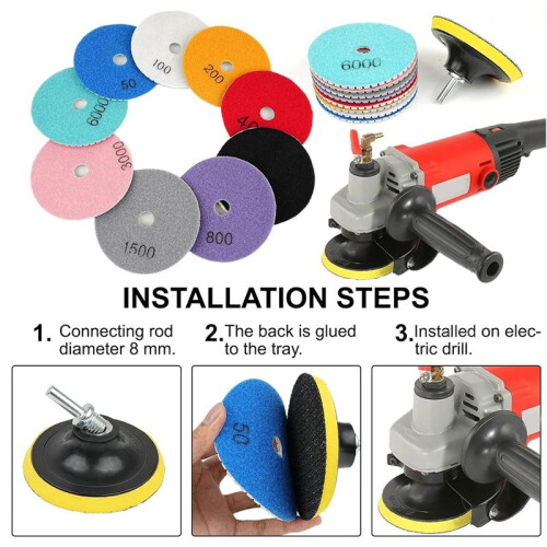 11 Pacotes de Kit de Polimento de Concreto Diamantado de 4 Polegadas, Almofada de Polimento Diamantada Úmida/Seca de 50-6000 Grãos com Disco de Lã, 2