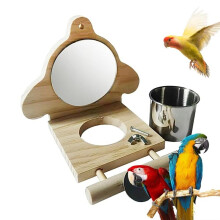 Perch Wooden Parakeet Mirror Toy Bird  Perch with Mirror and Feeding Cups Cage  Toy for Lovebird A