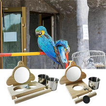 Perch Wooden Parakeet Mirror Toy Bird Perch with Mirror and Feeding Cups Cage Toy for Lovebird A