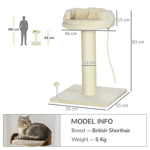 PawHut PawHut 83cm Cat Tree Tower with Scratching Post, Kitten Bed, Toy, Cream 2