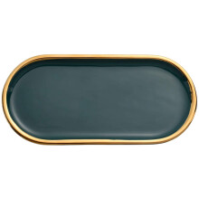 Ceramic Jewelry Tray with Stylish Golden Edge, Small Dark Green Oval Decorative Vanity Organizer