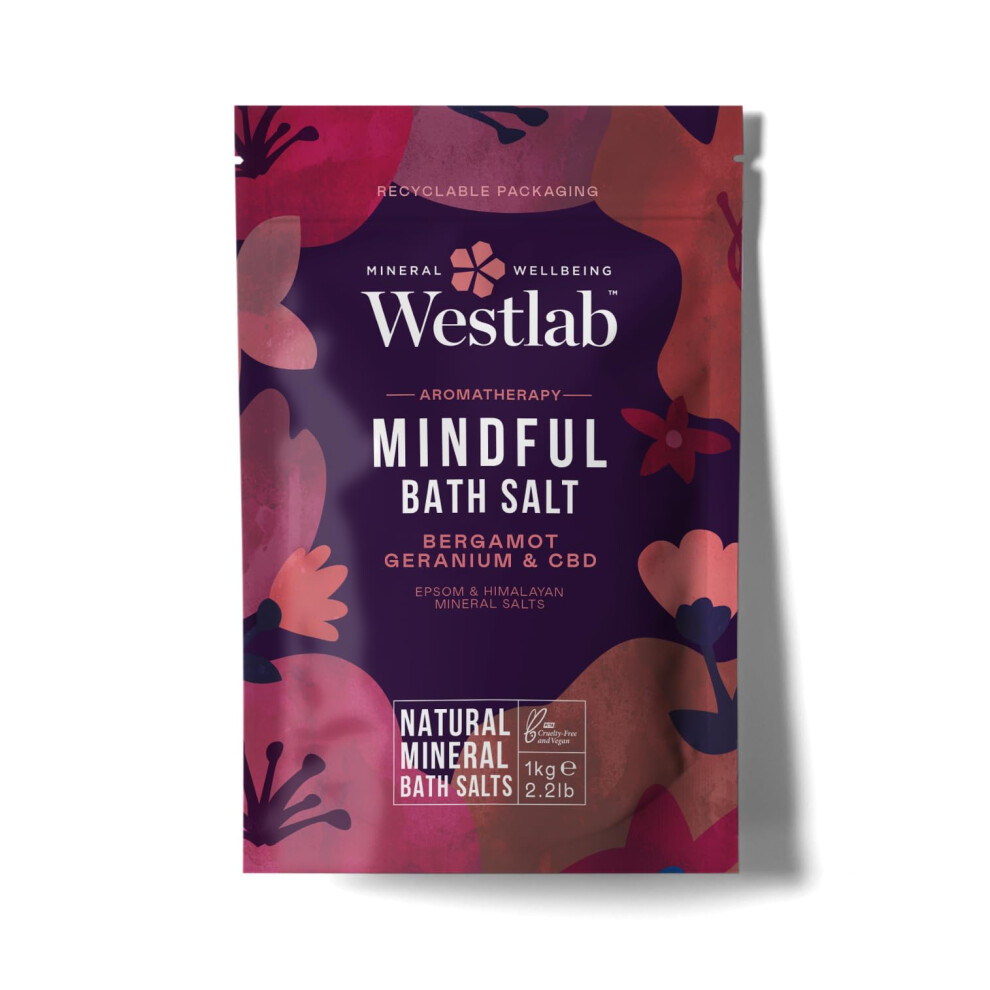 Westlab White Mindful Cbd Bath Salts 1Kg - Epsom & Himalayan Salts Infused With Bergamot, Geranium For Calming And Soothing, Guaranteed Purity.