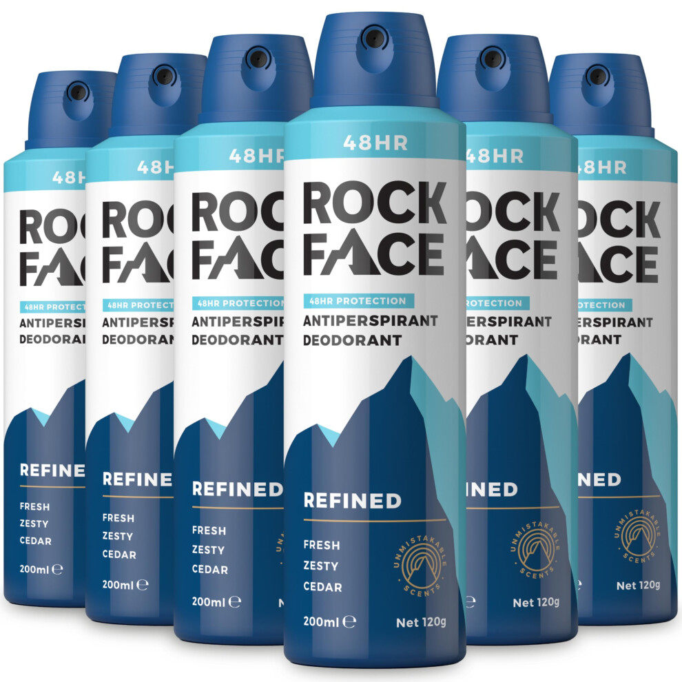 Rockface Rock Face Antiperspirant Deodorant For Men - Refined Sandalwood & Cedar Scent, 200Ml Spray, 48 Hour Protection, Non-Staining, Multipack Of 6