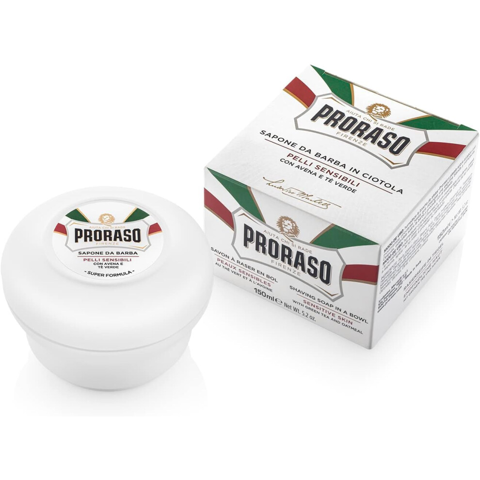 Proraso Green/White Shaving Soap In A Bowl, 150Ml, Sensitive Skin Shaving Soap With Tea And Oat, Made In Italy,