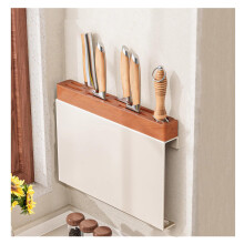 Kitchen Knife Holder Wall Mounted 6 in 1 Beech Wood Magnetic Rack with Cutting Board Storage 17.5 Inch