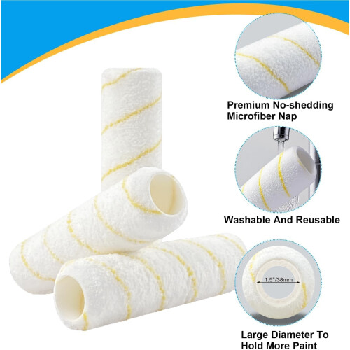 9 Inch Microfiber Paint Roller Covers 3 Pack 1/2 Inch Nap for Walls and Ceilings Efficient Coverage 1