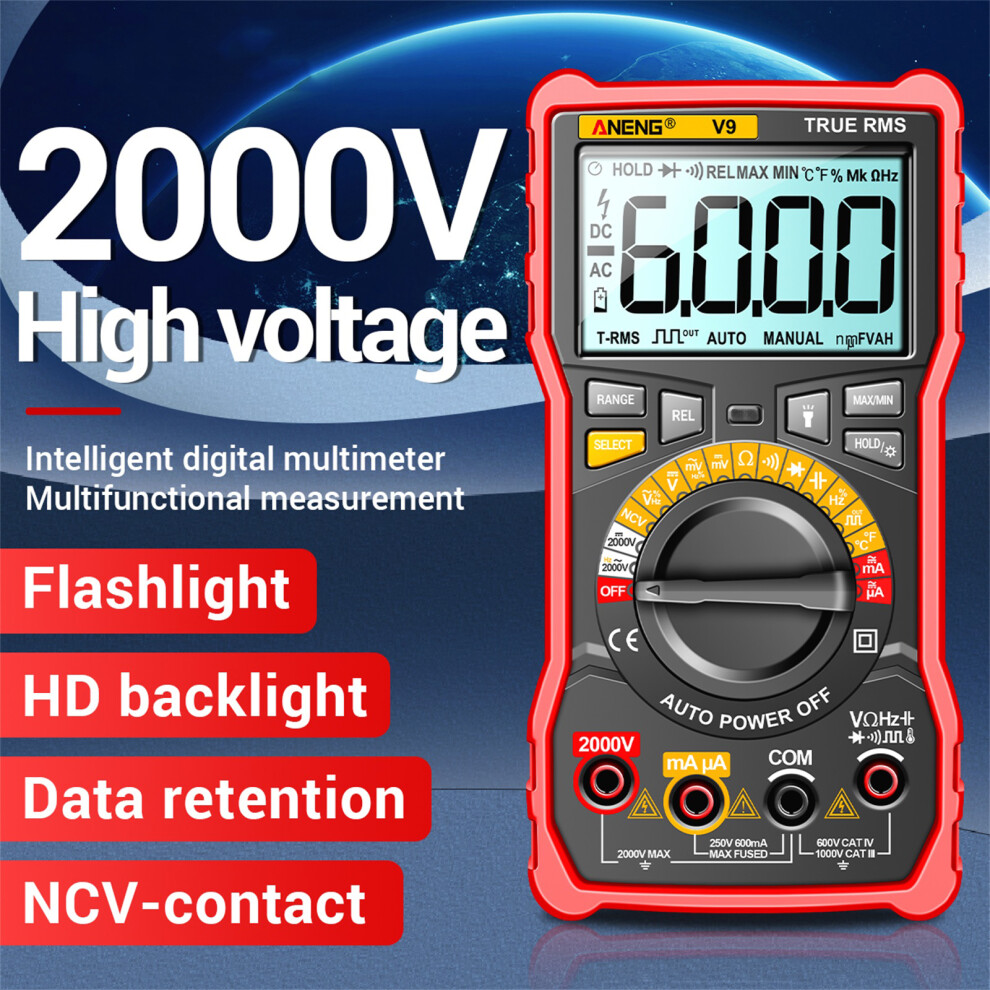 V9 Digital Multimeter 6000 Counts 2000V Ac/Dc 47Mm Backlight Blue 5011385135176