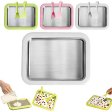 Rolled Ice Cream Maker Kit Stainless Steel DIY Frozen Dessert Tray with 2 Scrapers for Home Parties
