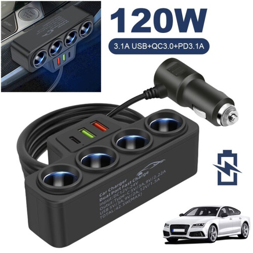 4-Socket Car Cigarette Lighter Splitter 12V-24V Phone Power Adapter 120W QC3.0+PD3.1A Car Cigarette Lighter Socket Plug 2