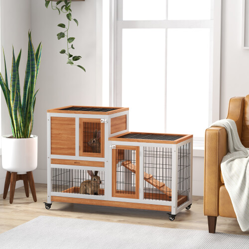PawHut Conejera de Madera Bicolor 110 x 50 x 88 cm 1