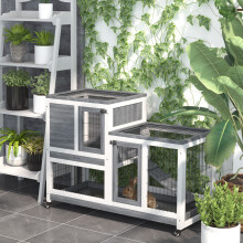 (Grey) PawHut Wooden Indoor Rabbit Hutch Guinea Pig House Small Animal Cage W/ Wheels