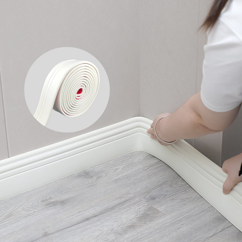 Peel And Stick Rubber Baseboard Trim, Flexible Vinyl Wall Molding, 4In X 16.4Ft Creamy White 9169991249667